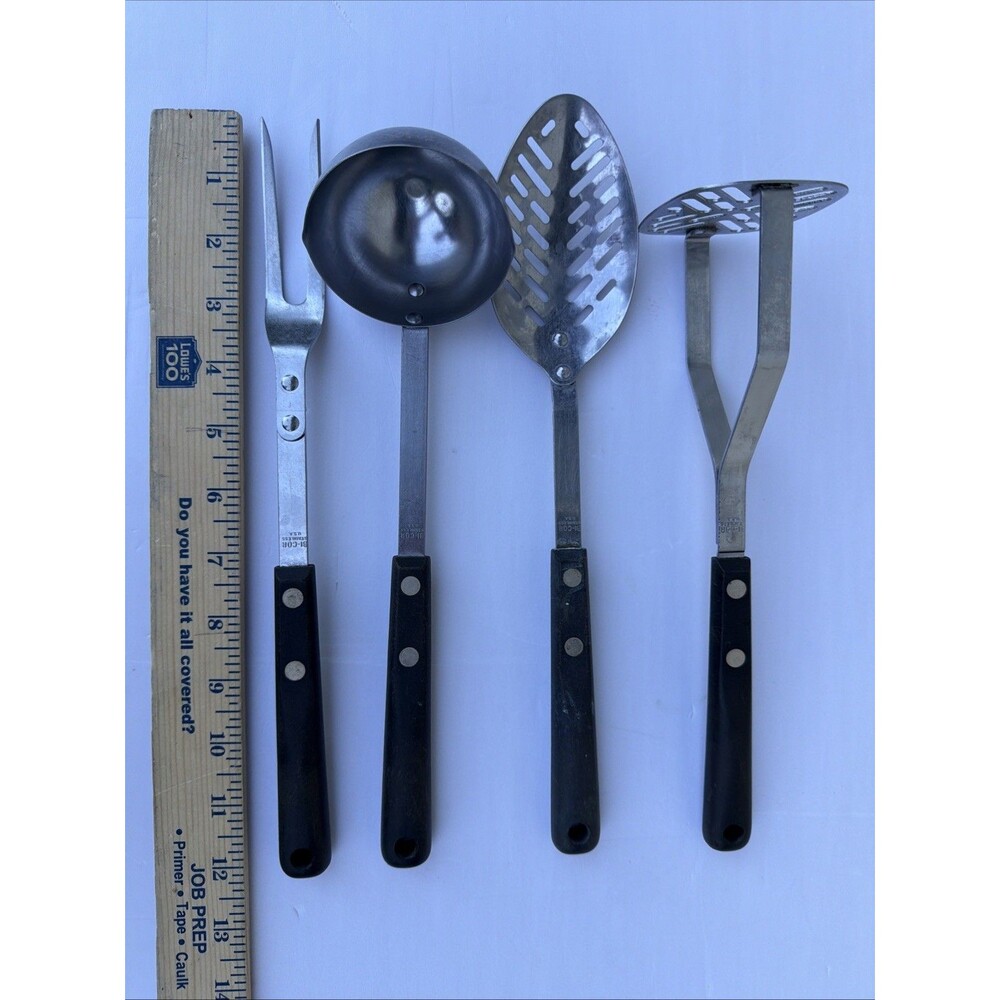 Vintage utensil set Slotted Spoon Ladle Stainless Spoon fork USA MCM black handl